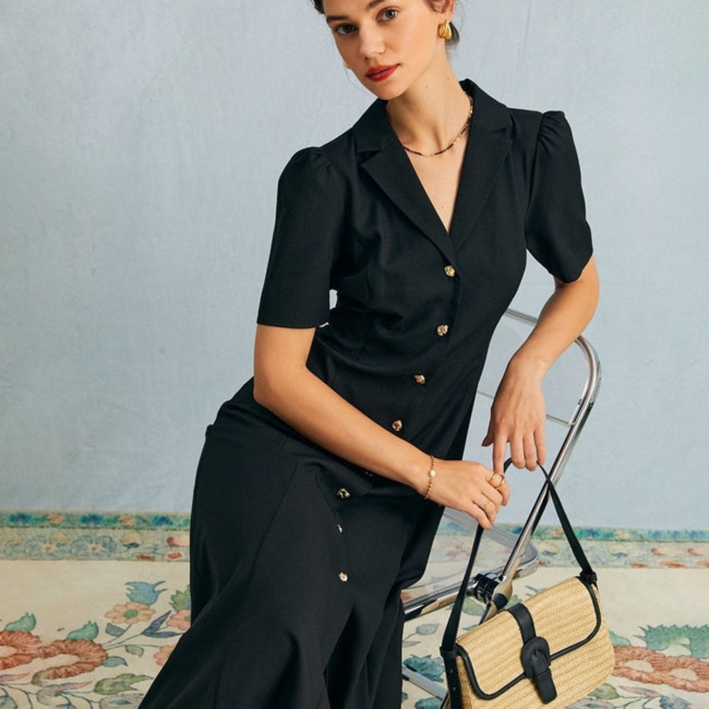 RIHOAS Black Midi Dress with Gold Buttons